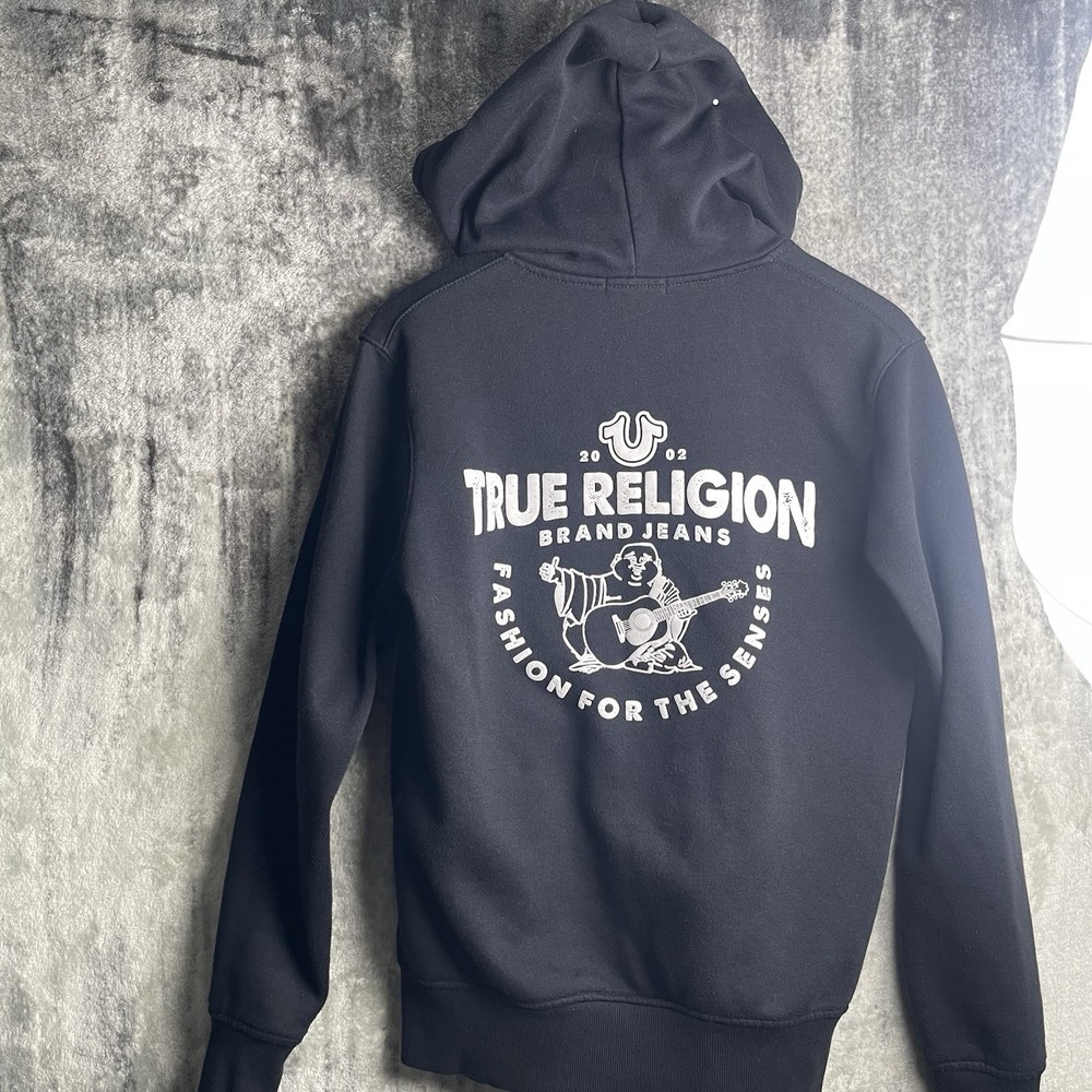 Y2K True Religion Hoodie Sweatshirt‎ Mens S Black Full Zip Fleece Buddha Logo